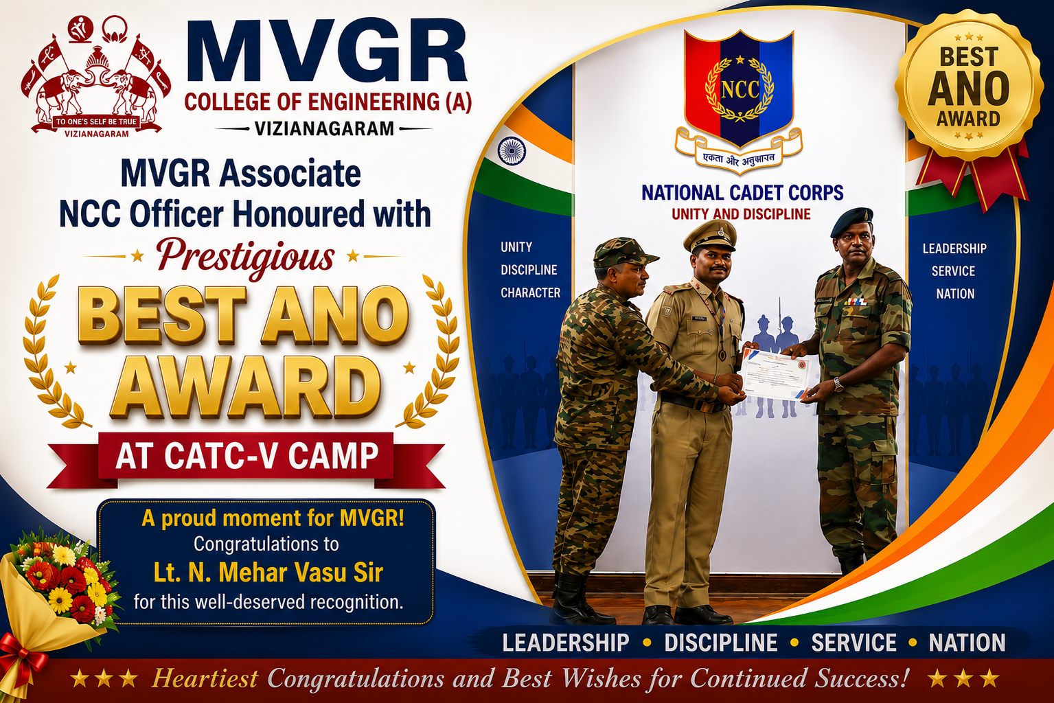 MVGR Associate NCC Officer Honoured with Prestigious Best ANO Award at CATC-V Camp